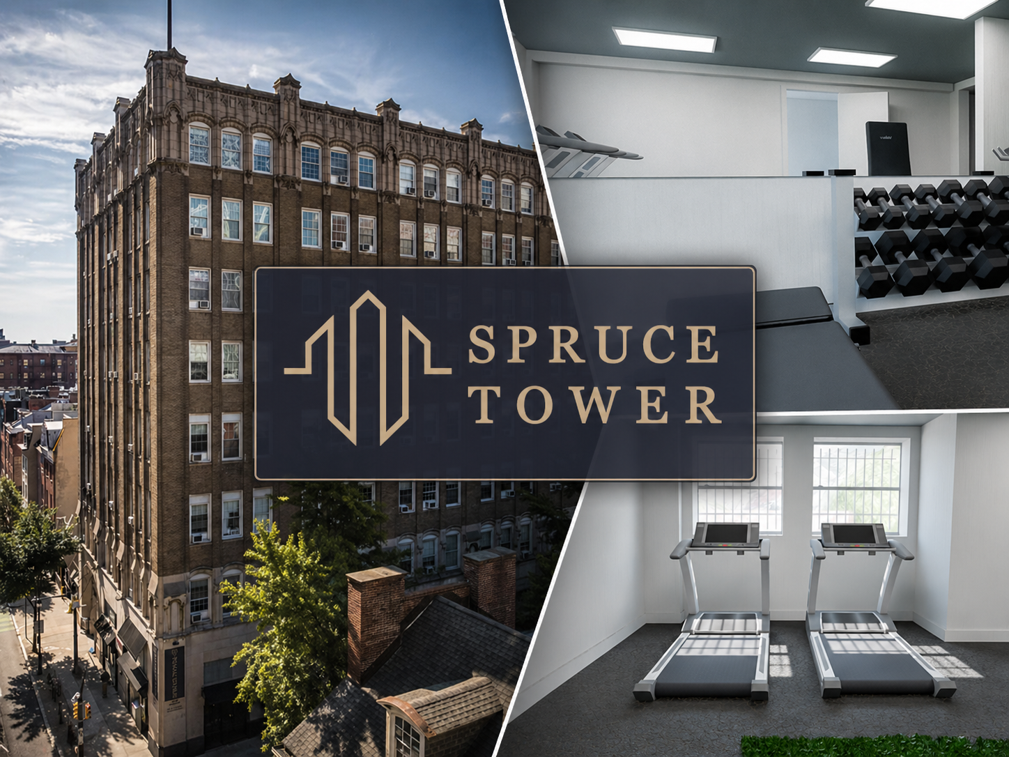 Spruce Tower project composite — historic brown-brick Philadelphia apartment building on the left, two photorealistic gym render angles on the right, and a dark Spruce Tower logo card with gold line-art mark overlaid in the center