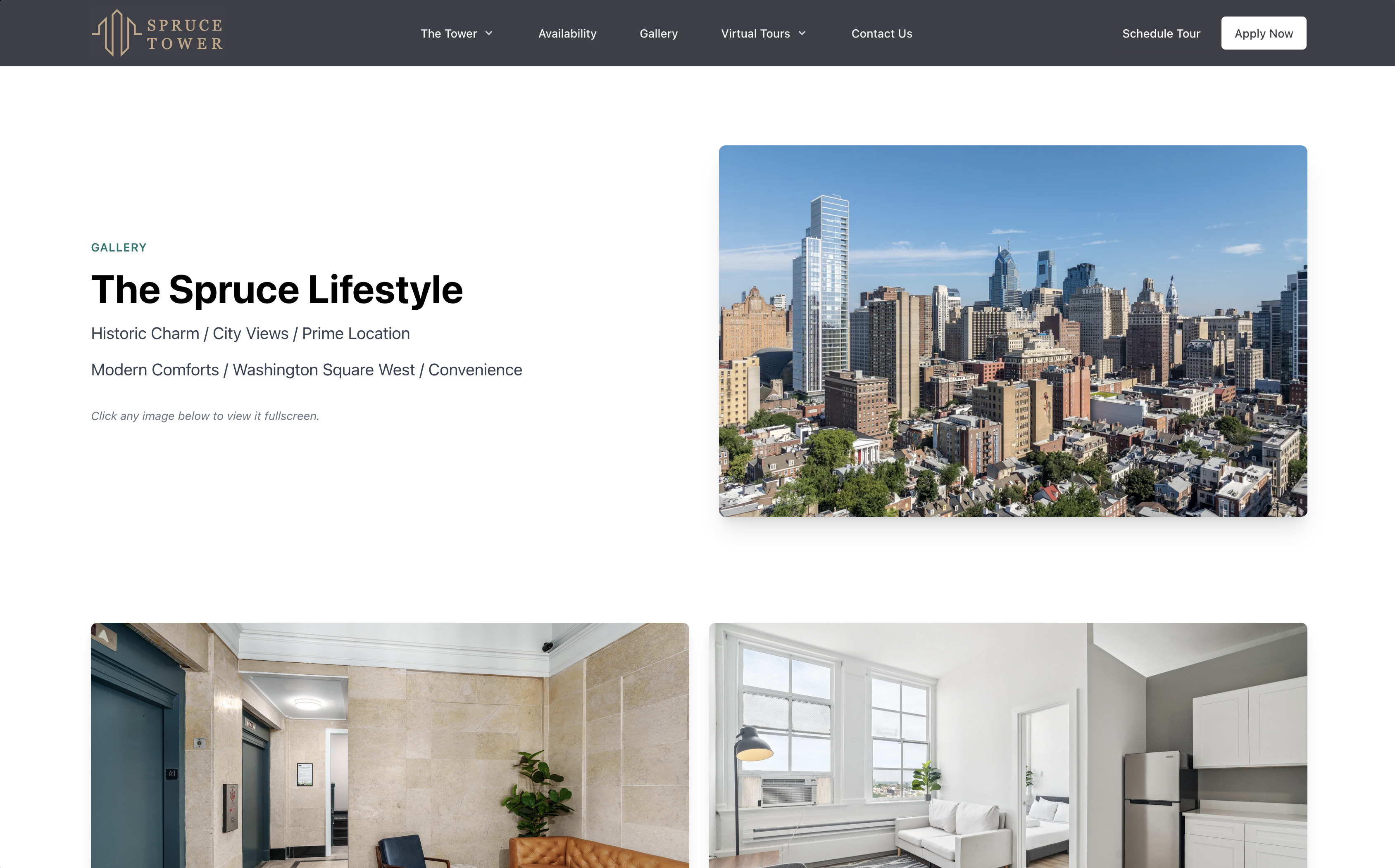 sprucetower.com Gallery section screenshot — Spruce Tower navigation above a section titled 'The Spruce Lifestyle' with city-view photography and interior apartment and lobby images below