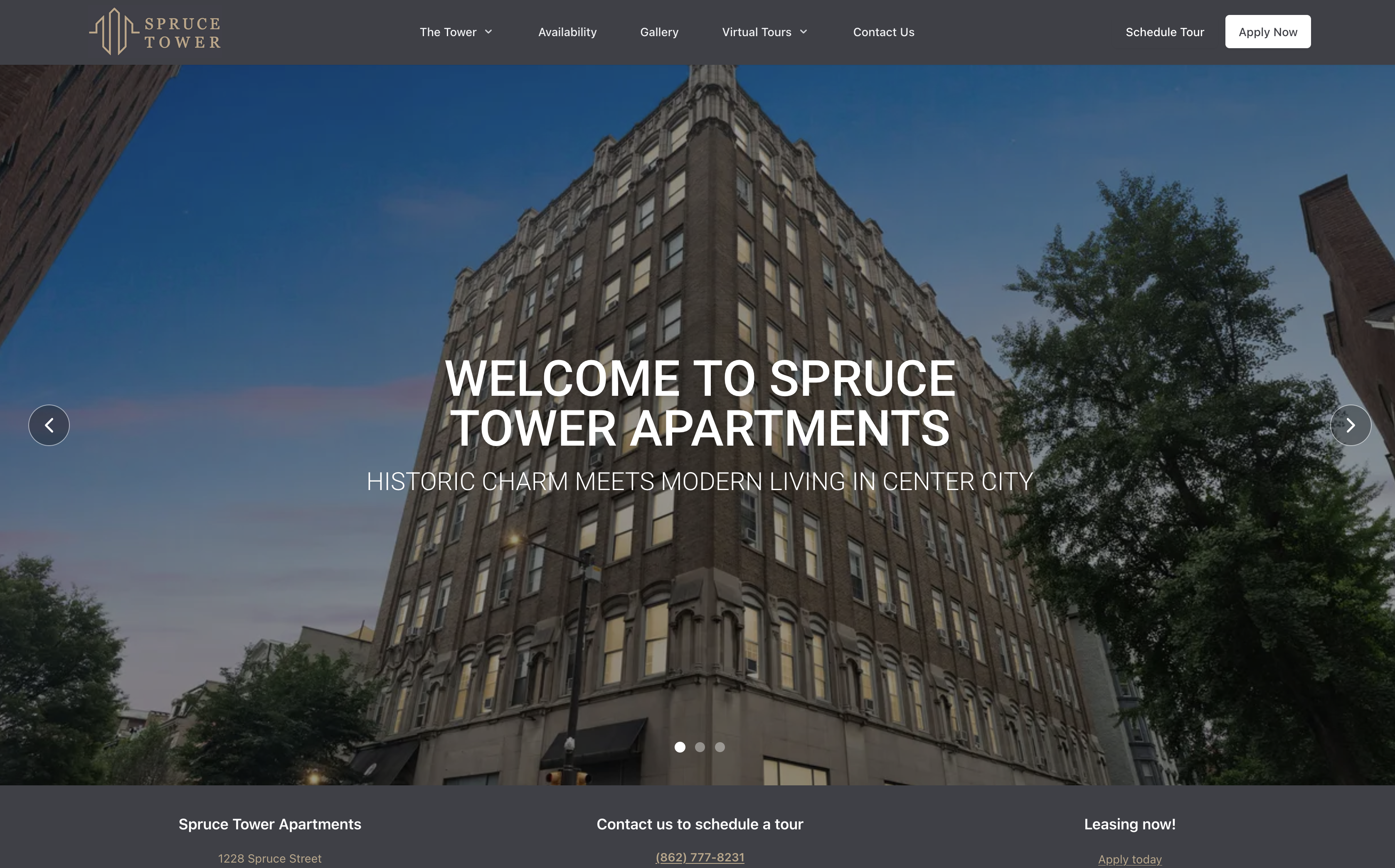sprucetower.com homepage hero screenshot — dark navigation bar with Spruce Tower logo and leasing links over a low-angle building photo, with large white overlay text reading 'WELCOME TO SPRUCE TOWER APARTMENTS' and 'HISTORIC CHARM MEETS MODERN LIVING IN CENTER CITY'