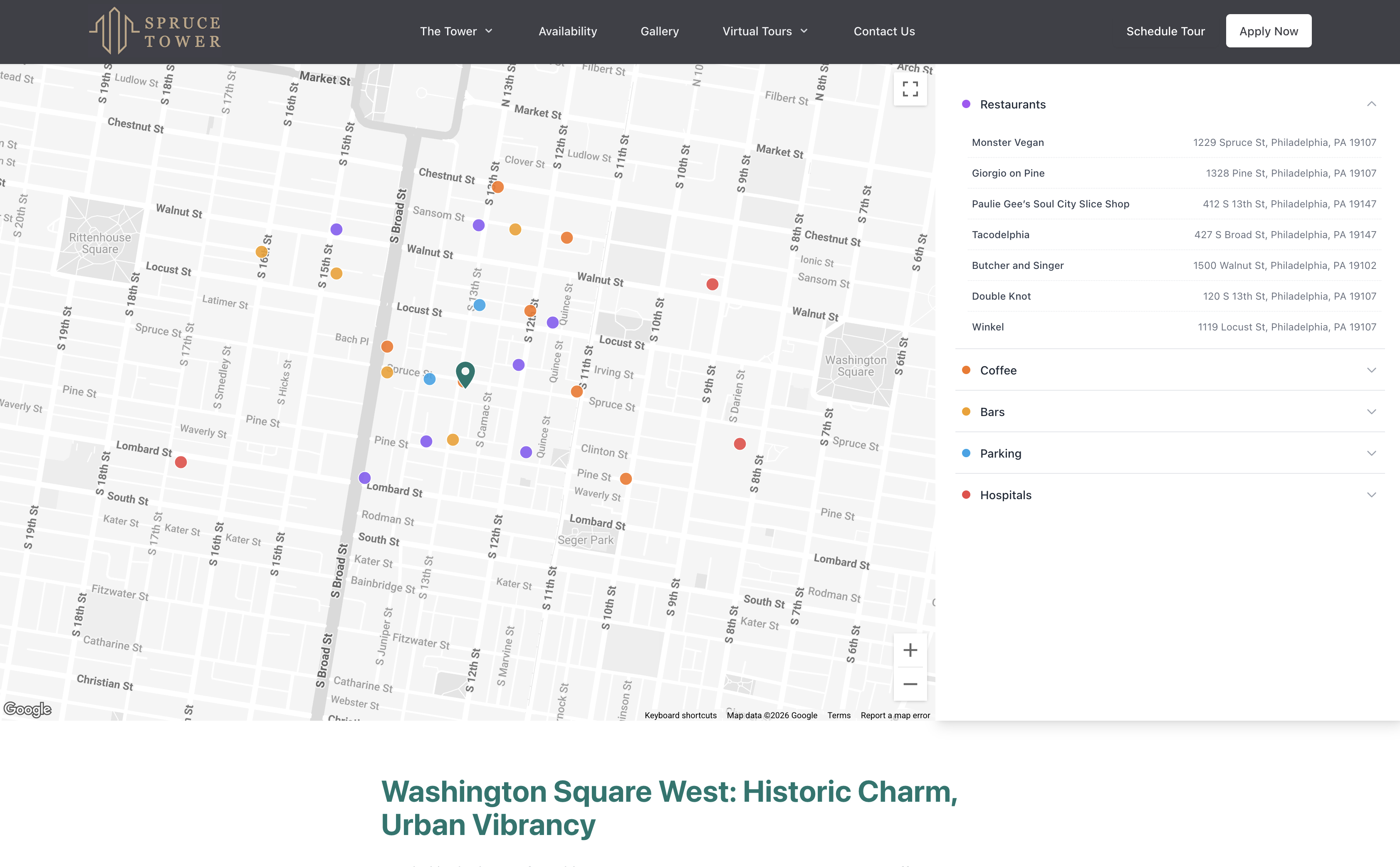 sprucetower.com interactive neighborhood map screenshot — Google map centered around Spruce Street with colored pins, Spruce Tower marker, and a right-side panel listing Restaurants plus collapsed Coffee, Bars, Parking, and Hospitals sections