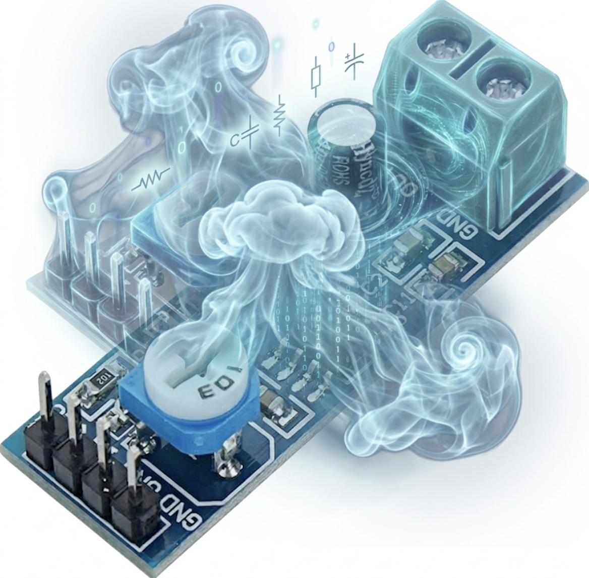 Stylized visual of a blue LM386 amplifier module surrounded by blue smoke after an over-voltage failure