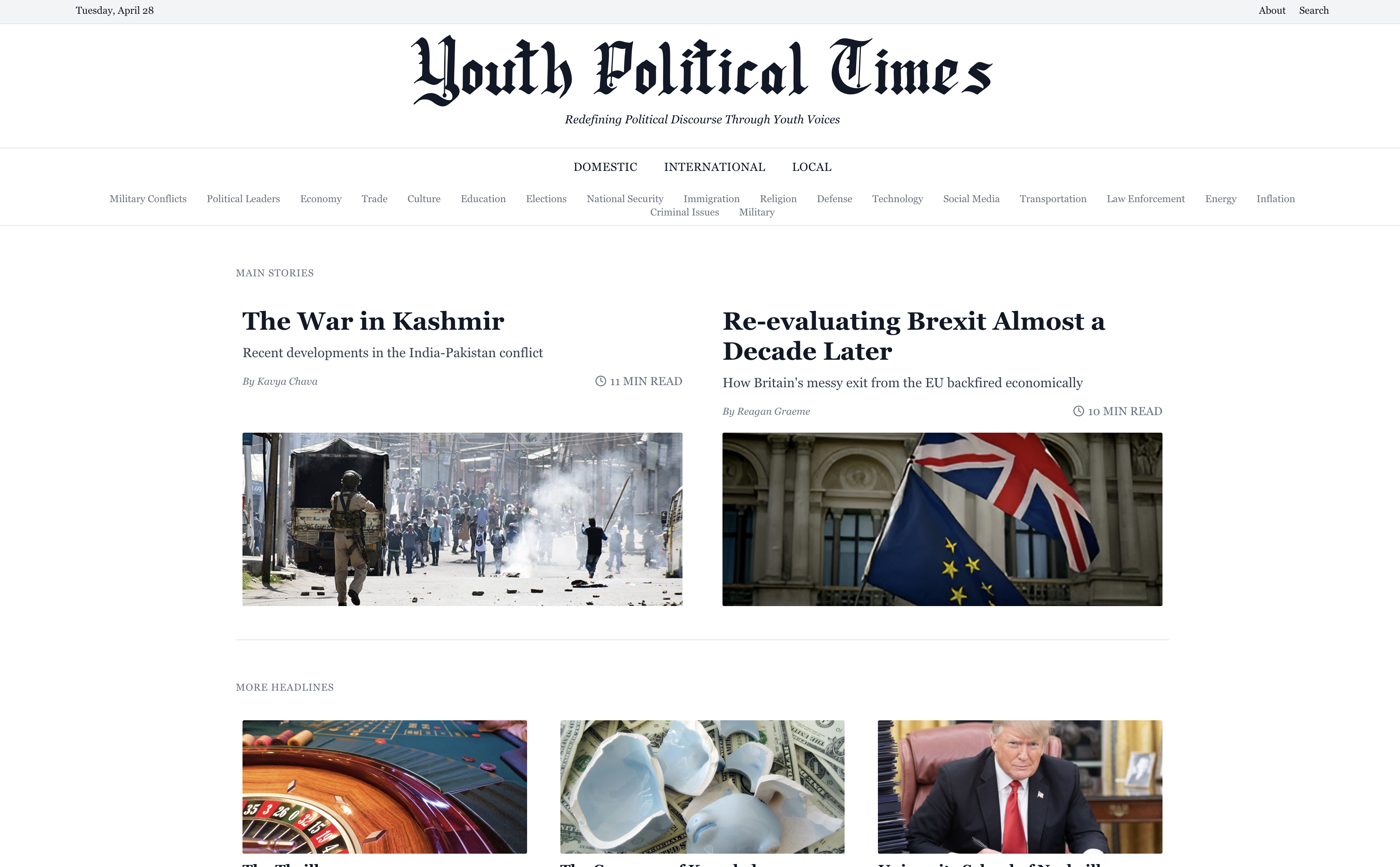 Youth Political Times homepage — date bar and About/Search links above a large gothic masthead, subtitle reading 'Redefining Political Discourse Through Youth Voices,' topic navigation rows, and main story cards for Kashmir and Brexit