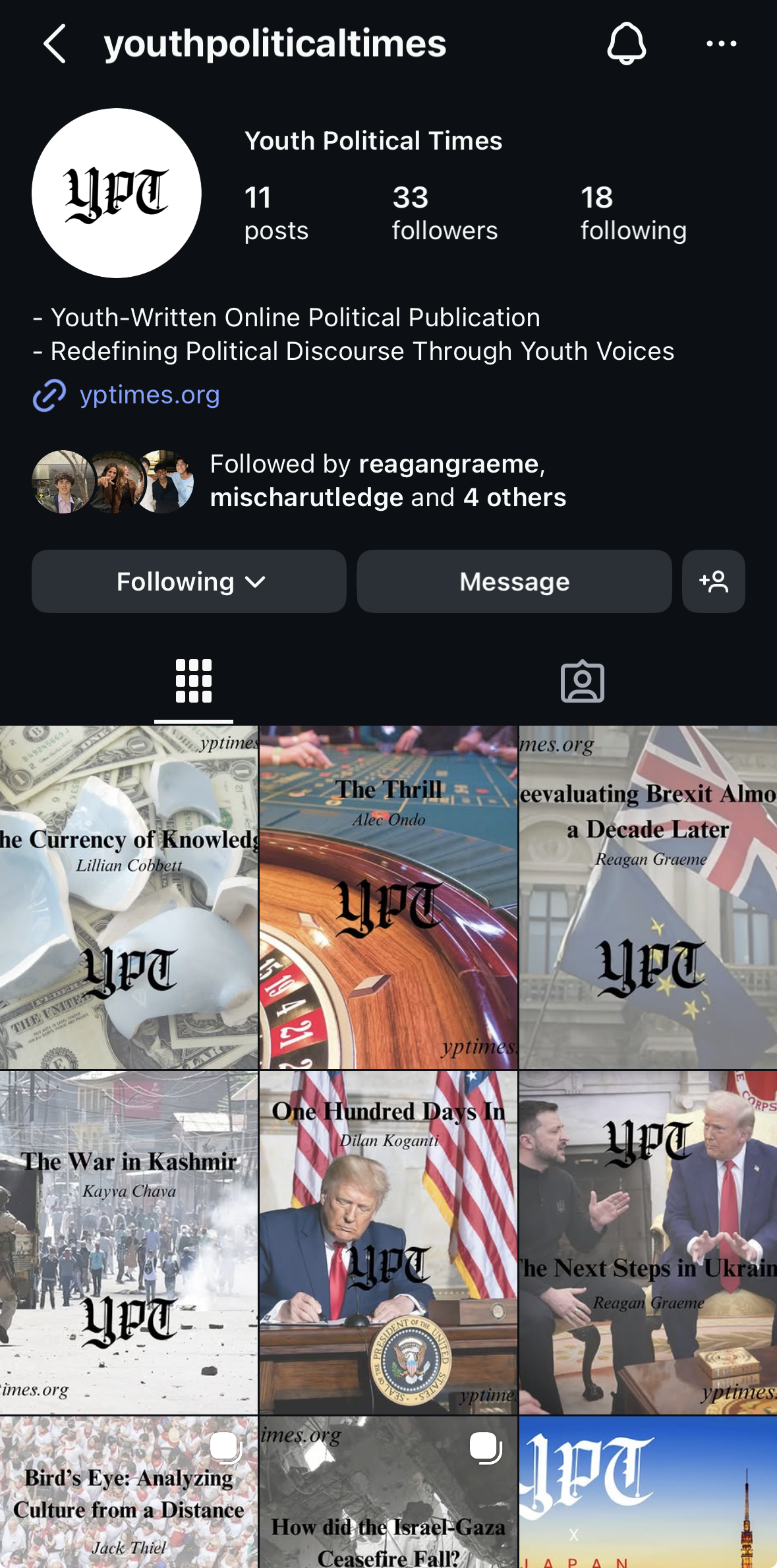 @youthpoliticaltimes Instagram profile — dark-mode mobile profile with YPT logo avatar, 11 posts, 33 followers, bio linking yptimes.org, and a grid of article-promo thumbnails for economics, Brexit, Kashmir, Trump, Ukraine, and culture stories